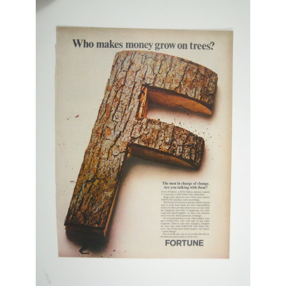 Vintage 1967 Fortune Magazine Advertisement Money Letter F Treebark Print AD